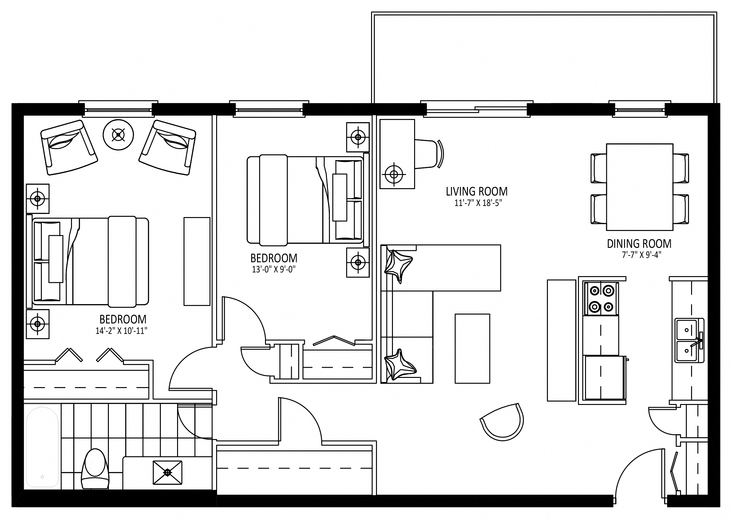 Floor plan for 2 beds, 1 bath, 938 sqft